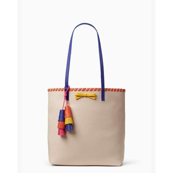 Kate Spade On Purpose Tote Tassel Pebbled Leather Beige Colorful Bag Purse Large - Picture 1 of 16